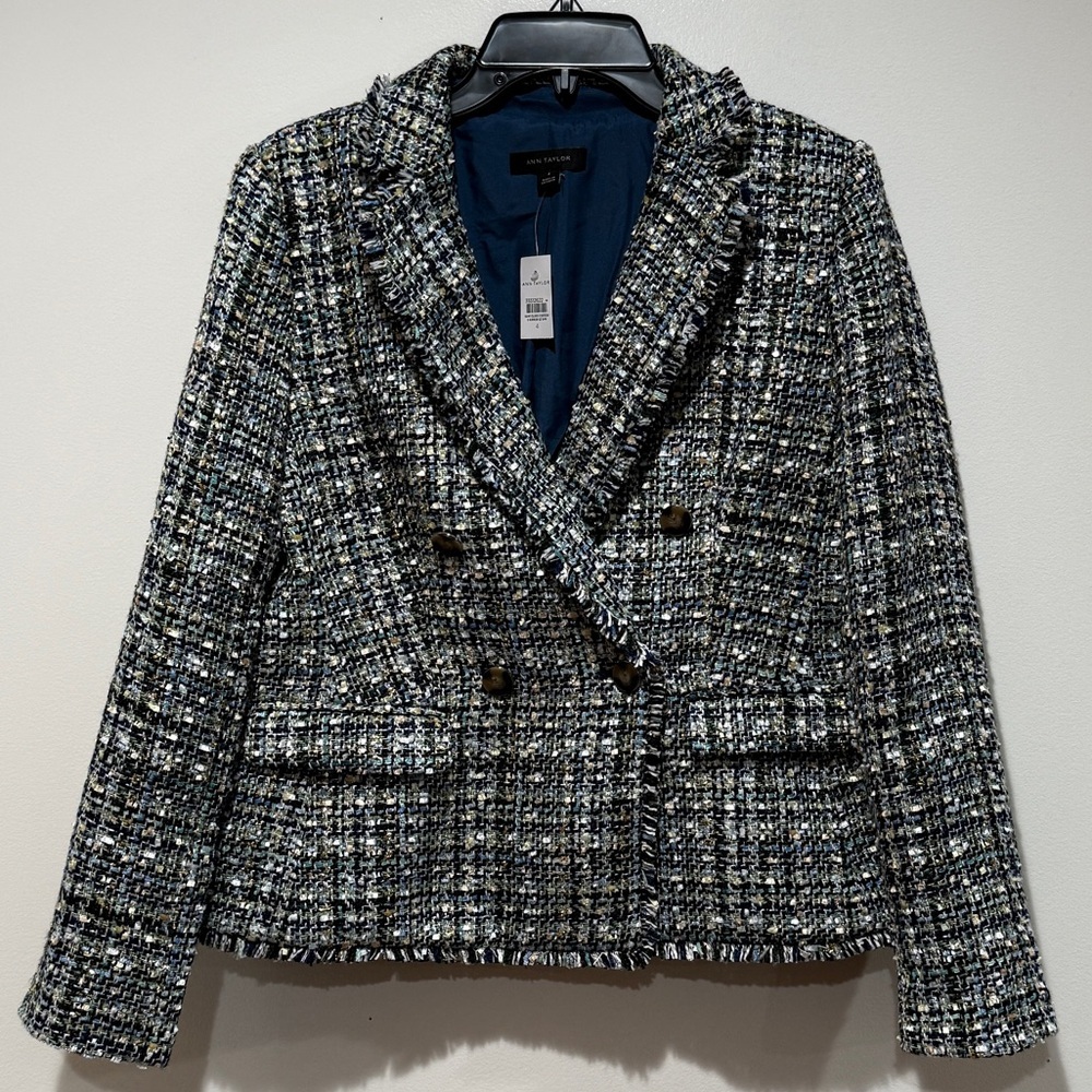Ann Taylor Tweed Blazer in Black, White & Blue